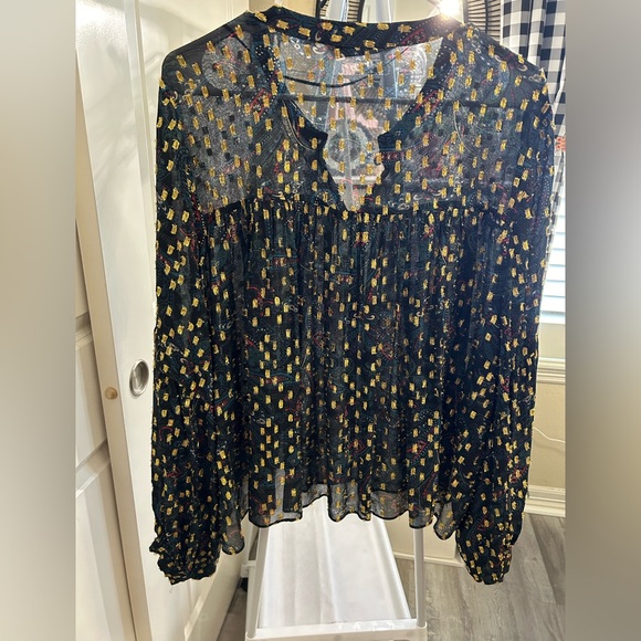 ZARA sheer with metallic thread blue floral printed blouse. Size XL.Boho chic. - Picture 3 of 7